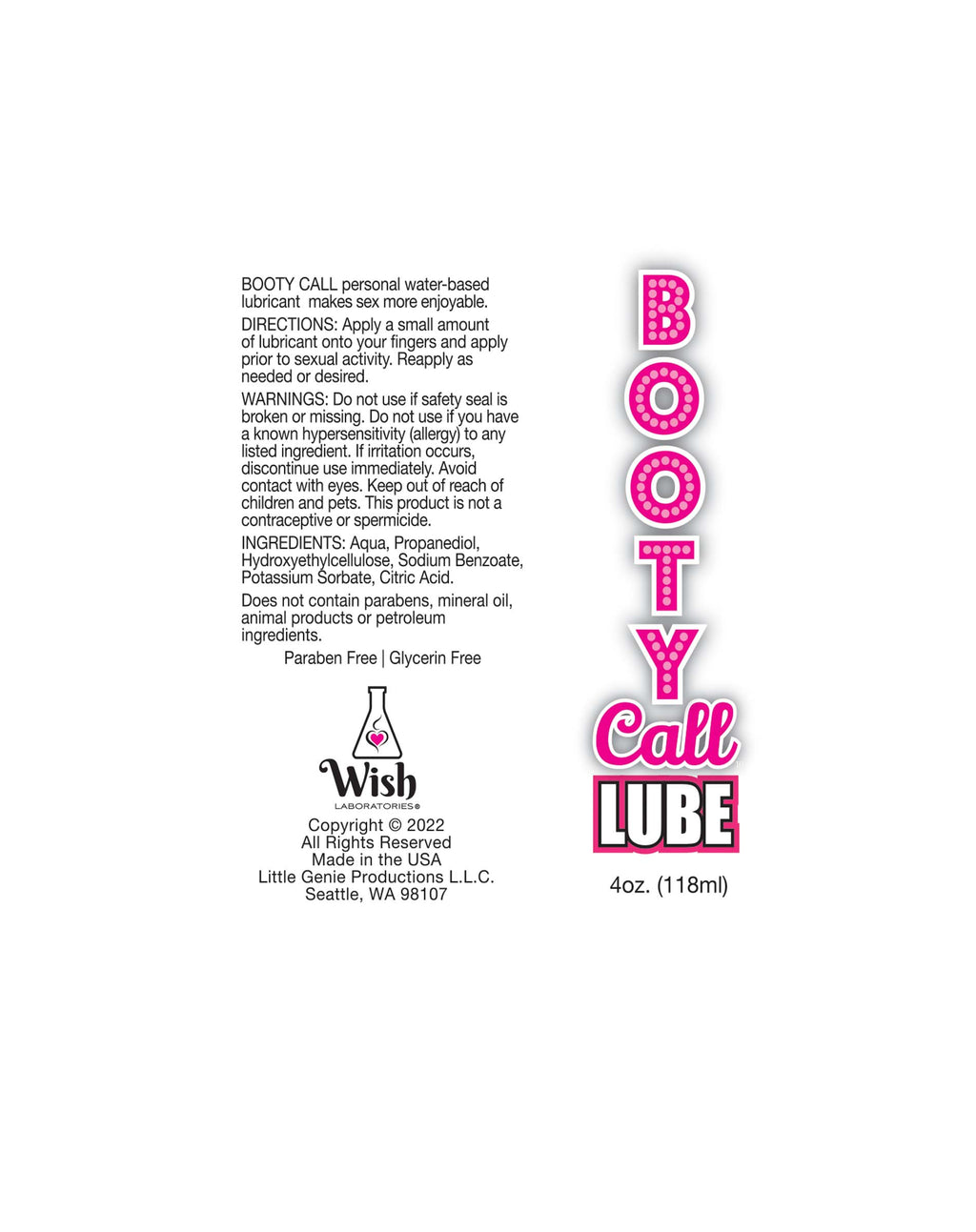 Booty Call Water Based Lubricant - 4oz Bottle