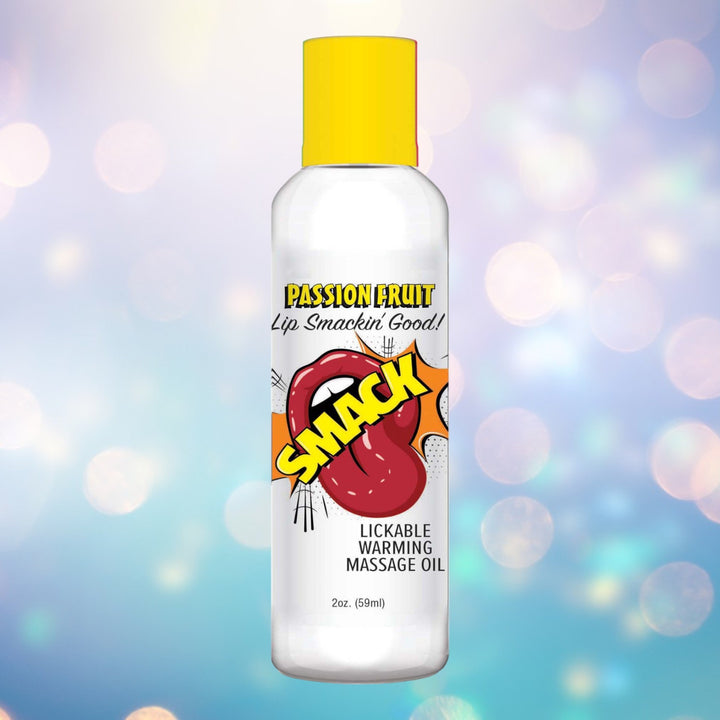 Little Genie Smack Passionfruit warming and lickable oil in 2oz bottle, personal health lubricant for body use.