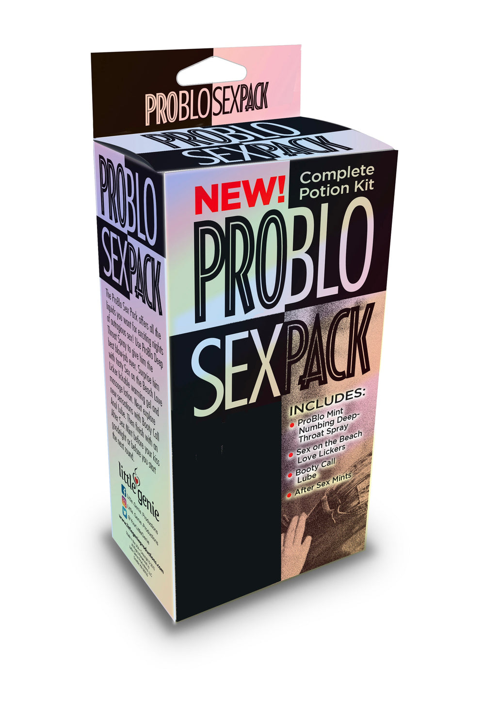 Little Genie Pro Blo Sex Pack with lubricants, featuring personal health products in sleek packaging for intimate use.