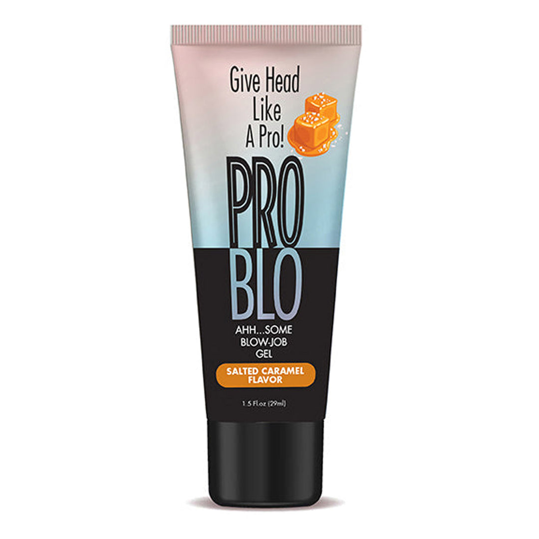 Little Genie Pro Blo Pleasure Gel in Salted Caramel, 1.5oz, a personal lubricant with a smooth, caramel flavor and creamy texture.