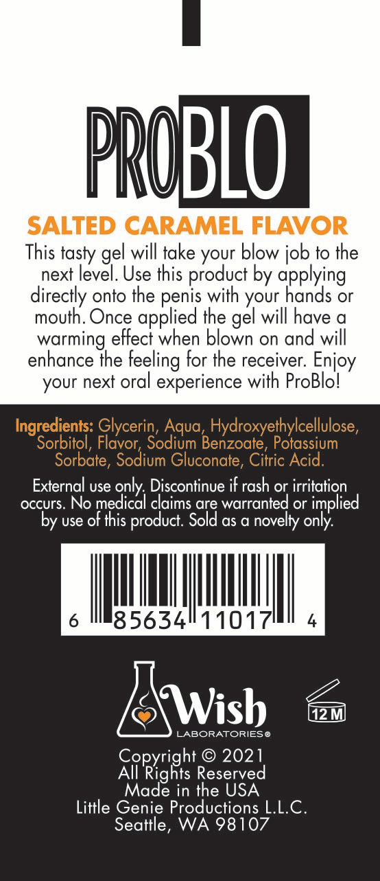 Little Genie Pro Blo Pleasure Gel in Salted Caramel, 1.5oz, creamy lubricant with caramel flavor for personal health use.
