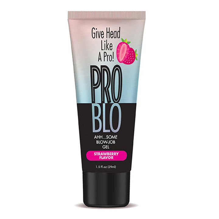Little Genie Pro Blo Pleasure Gel in 1.5oz Strawberry flavor, featuring a clear lubricant bottle with a white cap and strawberry flavor label.