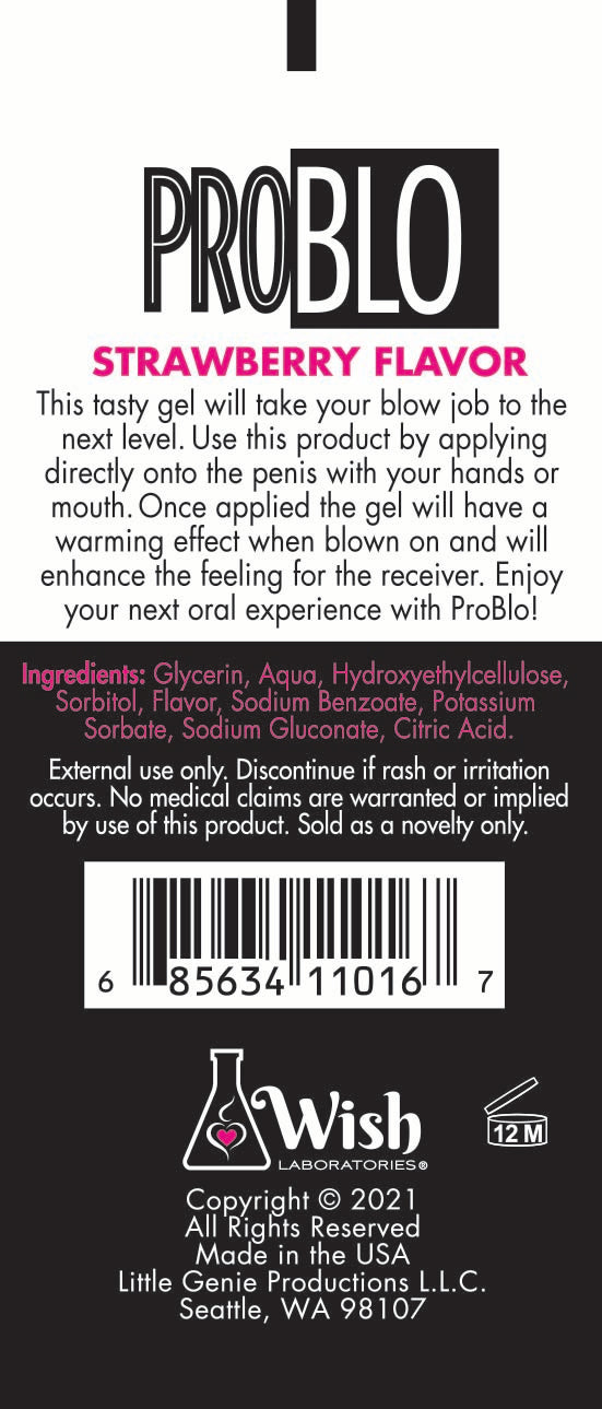 Little Genie Pro Blo Pleasure Gel in strawberry flavor, 1.5oz, a personal lubricant with vibrant packaging and gel texture.