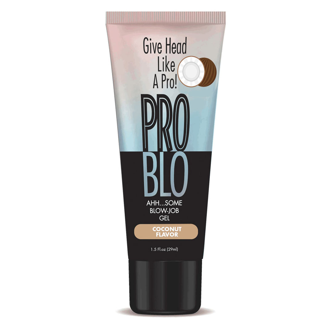 Little Genie Pro Blo Oral Pleasure Gel in 1.5oz coconut flavor, shown in a small tube with a white cap and label.
