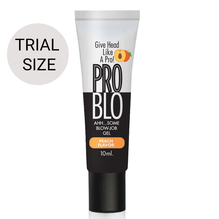 Little Genie Pro Blo Pleasure Gel in Peach, 1.5oz bottle, smooth gel with peach scent, shown in a clear bottle with a white cap.
