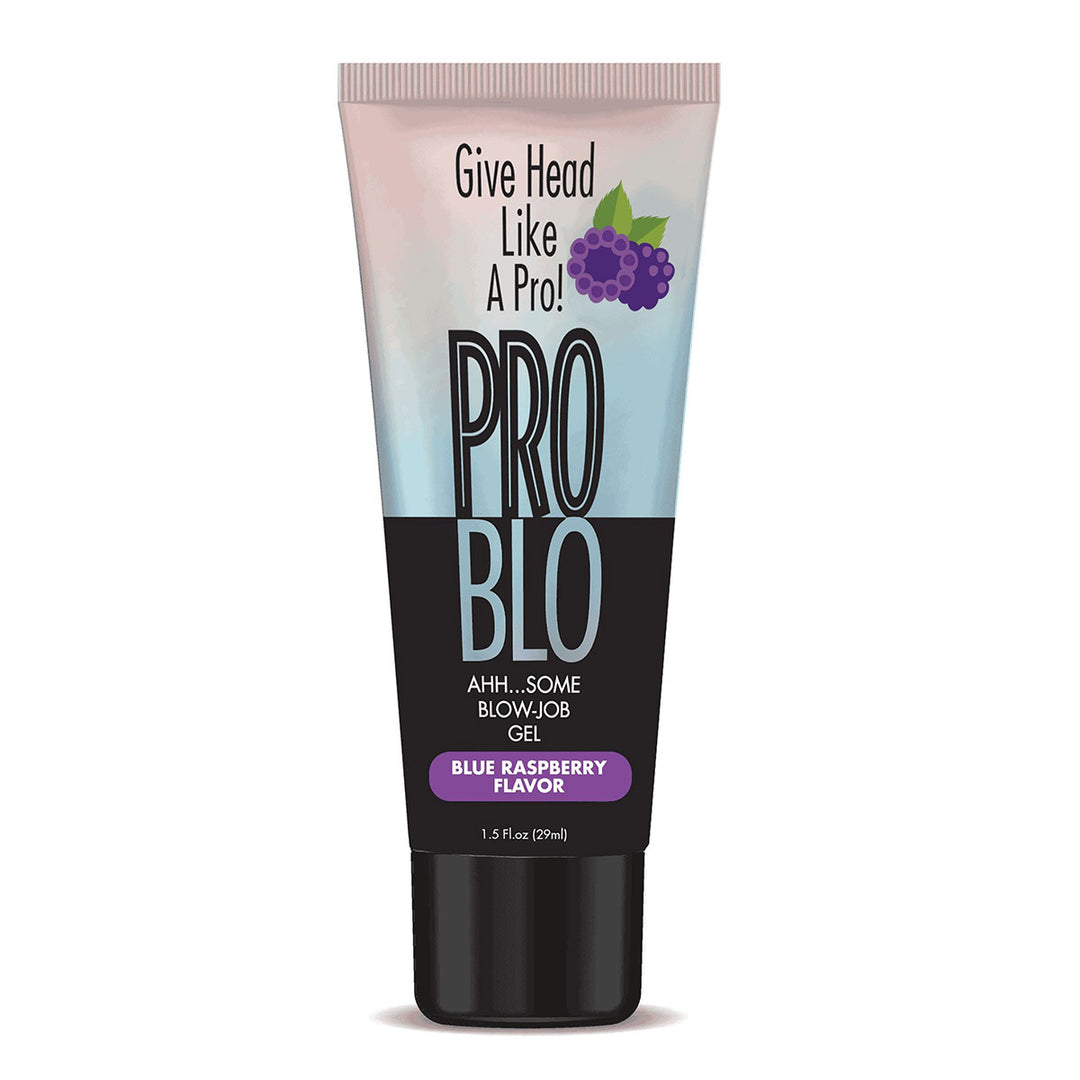 Little Genie Pro Blo Pleasure Gel in blue raspberry flavor, 1.5oz tube with vibrant blue packaging and clear product labeling