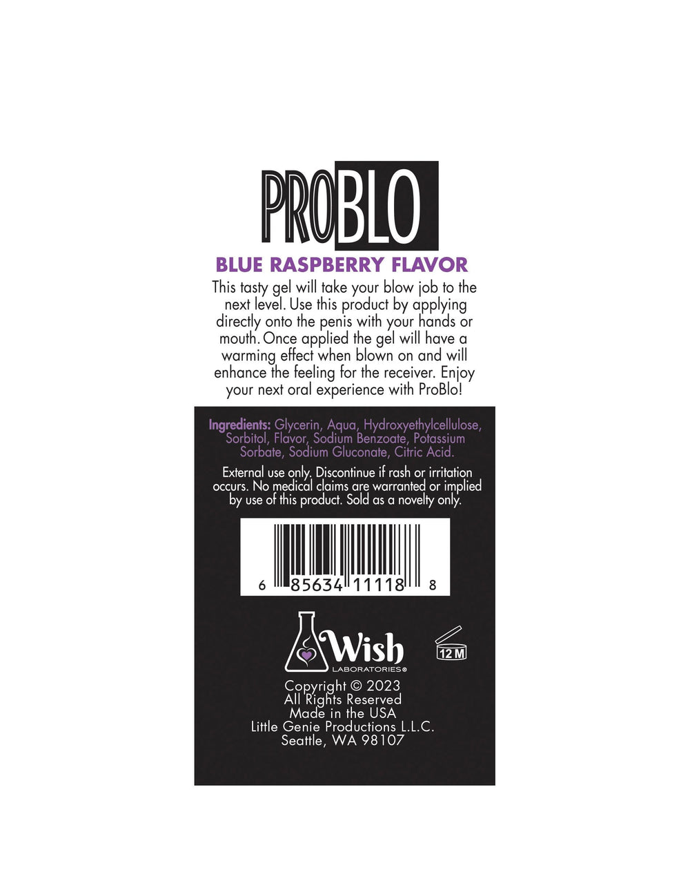 Little Genie Pro Blo Pleasure Gel in 1.5oz blue raspberry flavor, featuring a sleek blue raspberry gel container.