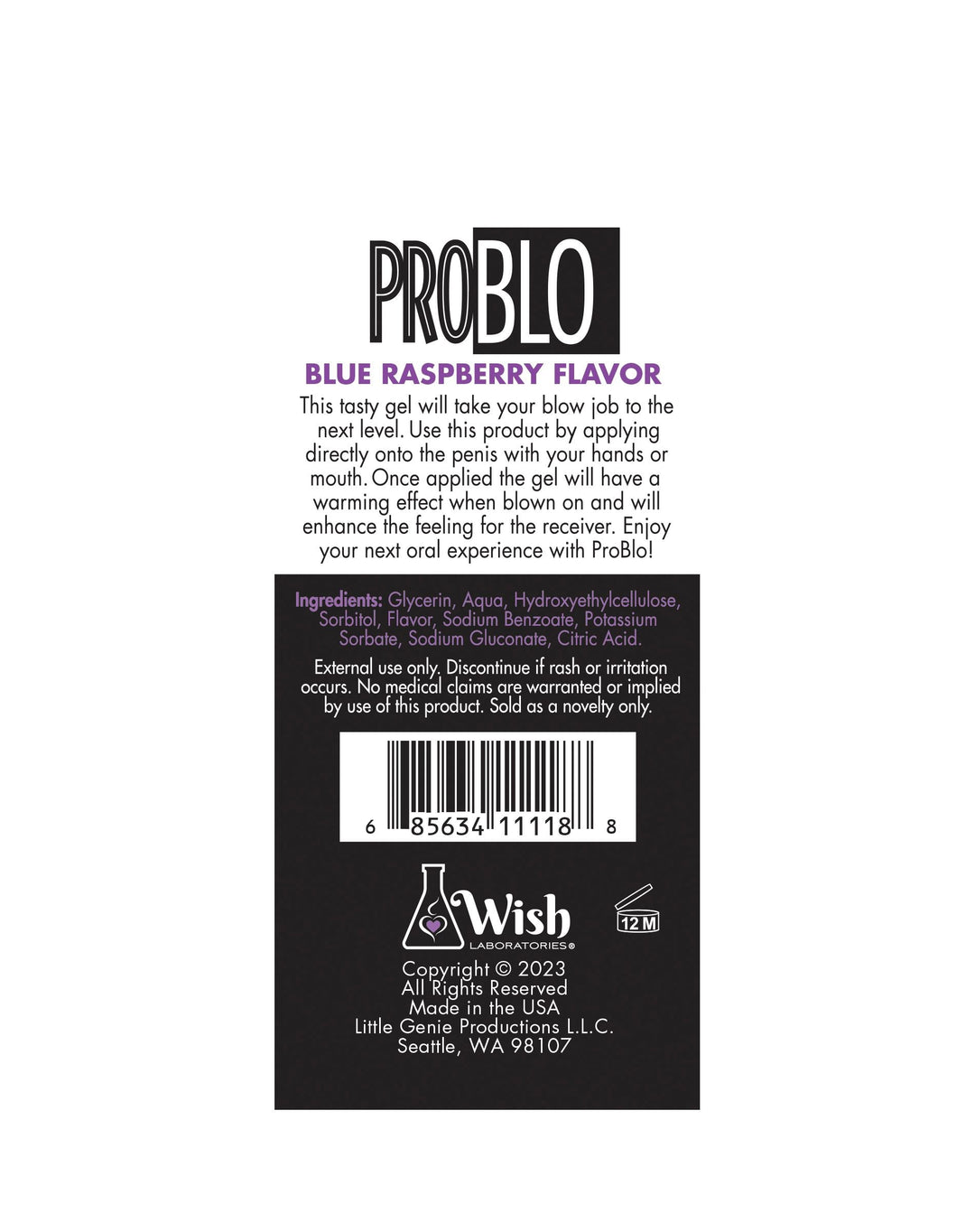 Little Genie Pro Blo Pleasure Gel in 1.5oz blue raspberry flavor, featuring a sleek blue raspberry gel container.