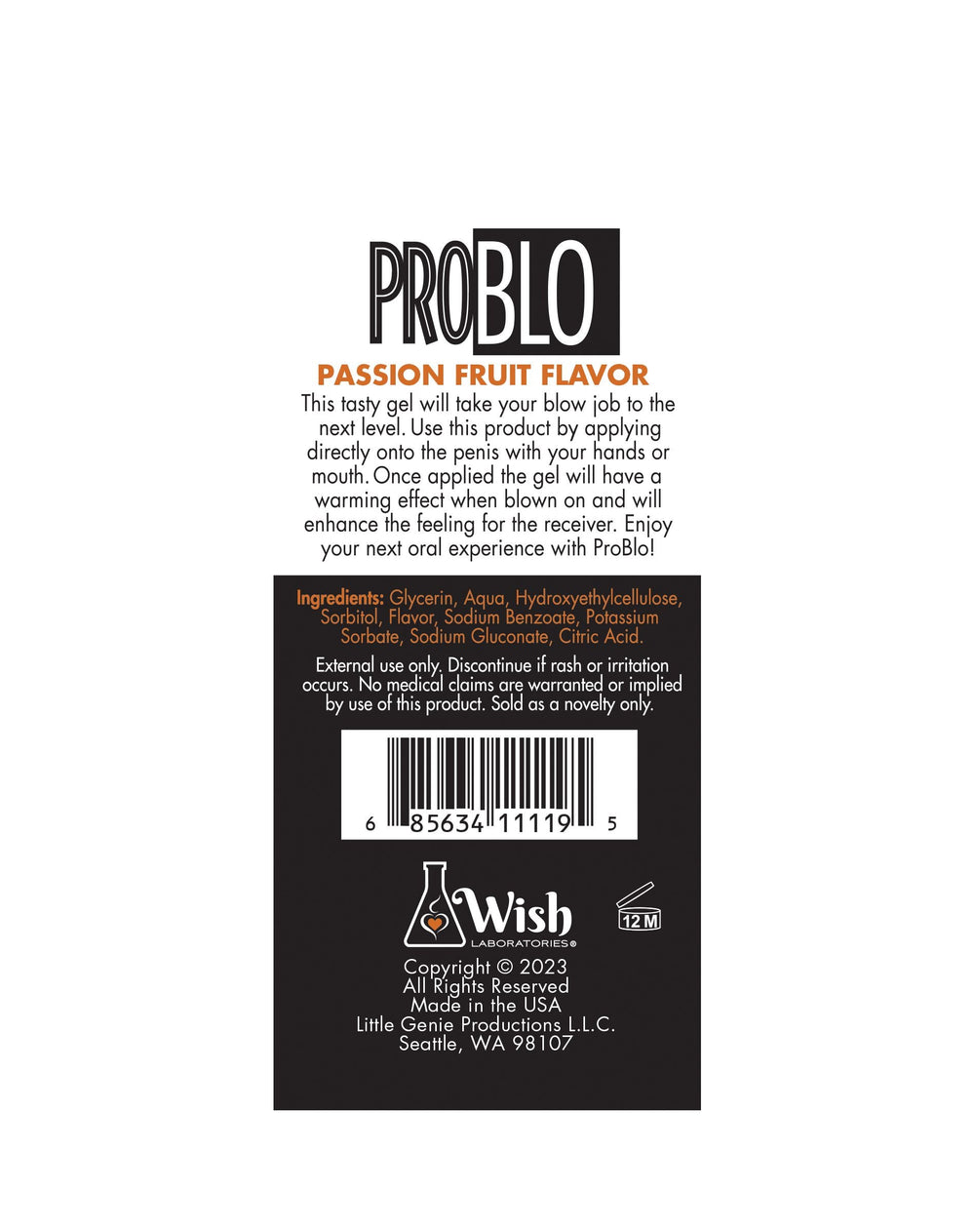 Little Genie Pro Blo Pleasure Gel in Passion Fruit, 1.5oz, showing the gel container with vibrant packaging and passion fruit design.