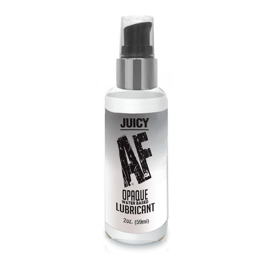 Little Genie Juicy AF water-based creamy white opaque lubricant in 2oz bottle, smooth and moisturizing for intimate use.