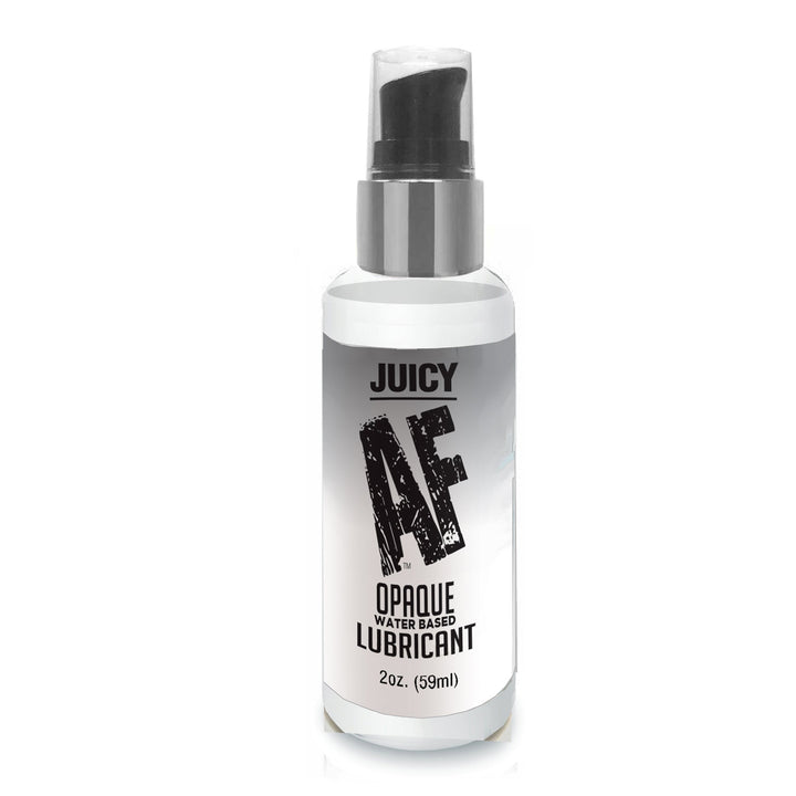 Little Genie Juicy AF water-based creamy white opaque lubricant in 2oz bottle, smooth and moisturizing for intimate use.