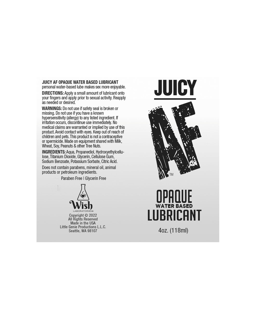 Little Genie Juicy AF water-based creamy white opaque lubricant in 2oz bottle, smooth and thick for intimate use.