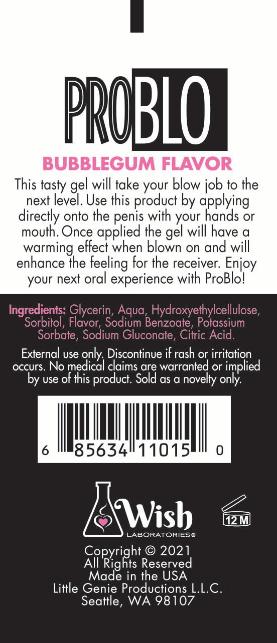 Little Genie Pro Blo Oral Pleasure Gel in bubblegum flavor, 1.5oz, a personal health lubricant for enhanced oral intimacy.