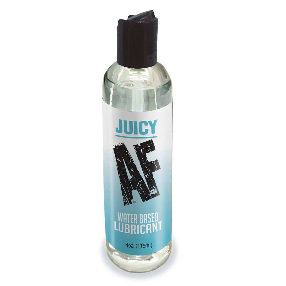 Little Genie Juicy AF Water-Based Lubricant in a 2oz bottle, clear liquid with a white cap, designed for smooth, natural glide.