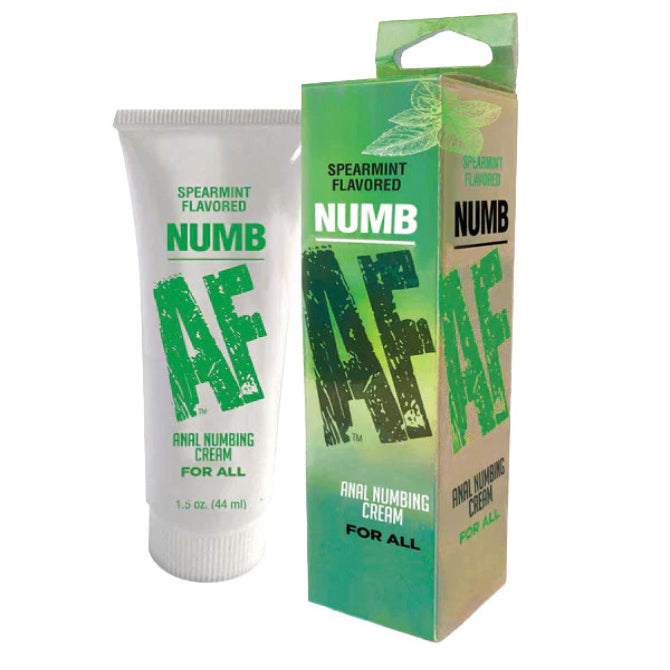 Little Genie Numb AF Anal Numbing Gel in 1.5oz Mint tube, showing the packaging with mint flavor label and product details.