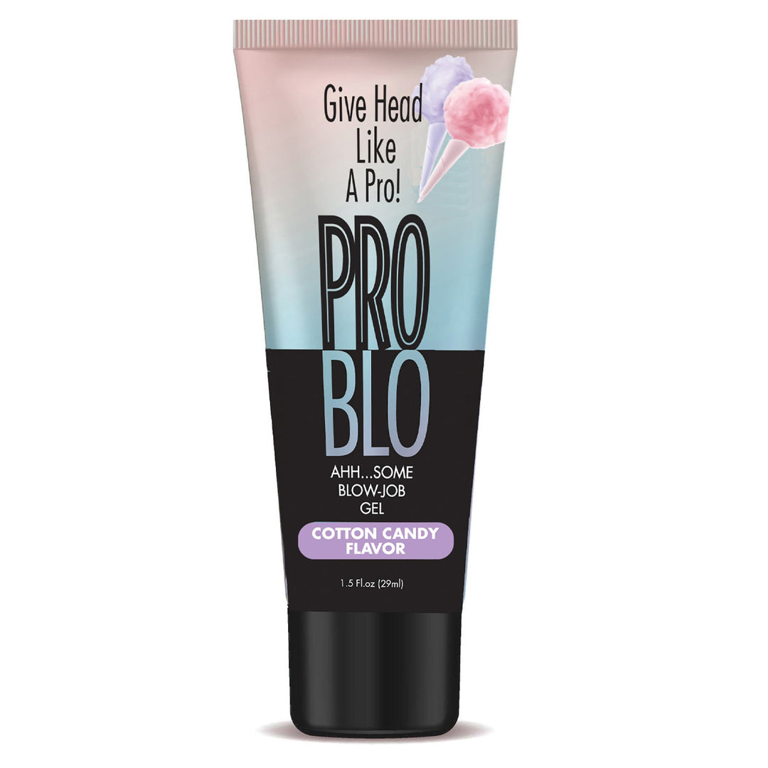 Little Genie Pro Blo Pleasure Gel in Cotton Candy flavor, 1.5oz tube, shown with colorful packaging and applicator tip.