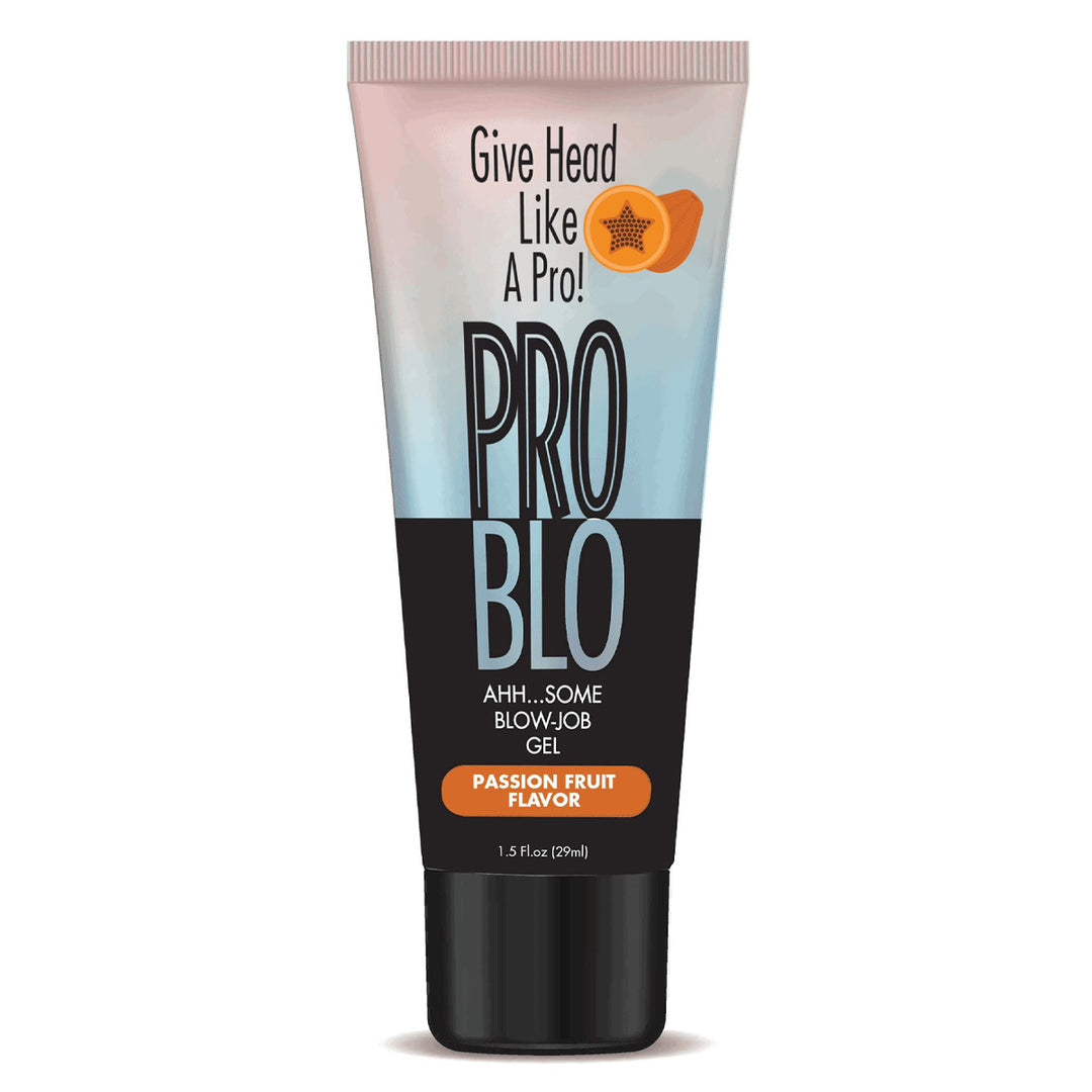 Little Genie Pro Blo Pleasure Gel in passion fruit flavor, 1.5oz, showing the small tube with vibrant passion fruit design.